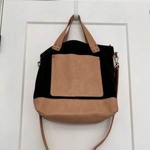 Anthropologie Black and Tan Canvas and Leather Tote, Calf Hair Strap